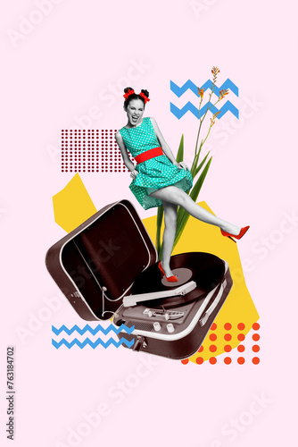 Εκτύπωση καμβά Creative abstract template collage of pretty female dancing retro vinyl recorder