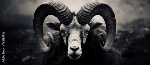 A monochrome photography of a sculpture depicting a terrestrial animal, the Aries, with impressive horns. The symmetrical composition creates a stunning visual art piece in the darkness © 2rogan