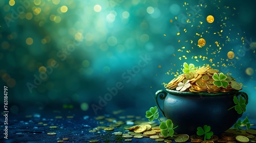 an image portraying a magical pot filled with radiant gold coins and intertwined with lush clover leaves against a dynamic blue background, evoking the festive spirit of St. Patrick's Day