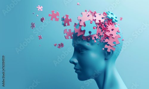 Illustrate a 3D icon featuring a human head silhouette with puzzle pieces inside, symbolizing the understanding and complexity of mental health issues.  © Edgar Martirosyan