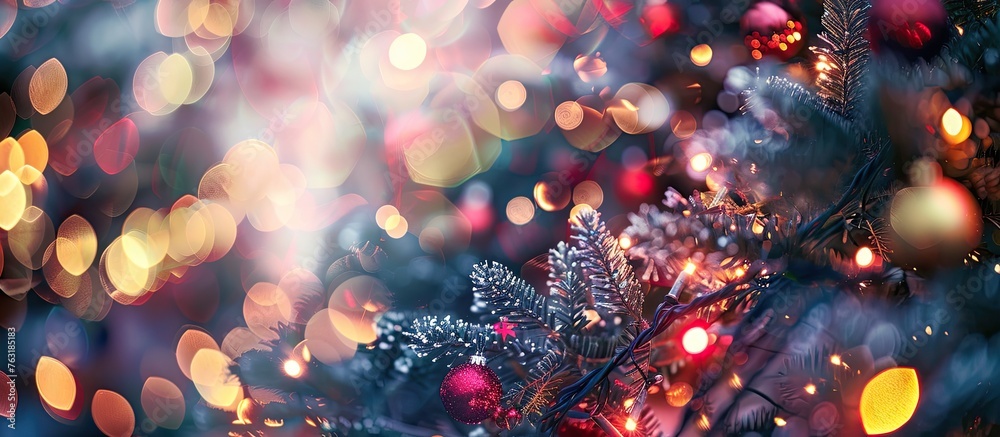 A beautiful Christmas tree adorned with lights and decorations. The blurry image captures the festive spirit of the holiday event. The magenta lights add a touch of art to the scene A beautiful Christmas tree adorned with lights and decorations. The blurry image captures the festive spirit of the holiday event. The magenta lights add a touch of art to the scene