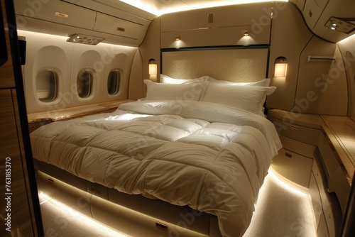 Luxury seat on flight. A large bed with a white comforter © itchaznong
