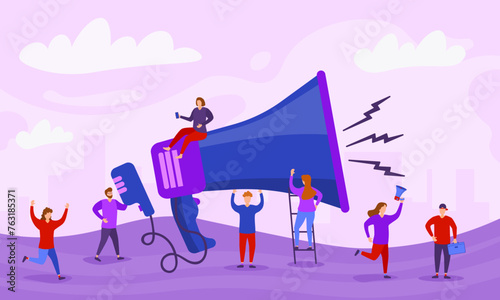 Professional speaker with megaphone Tiny people, creative interns or company members listening to a speech by an experienced trainer or senior colleague Vector illustration in flat design style