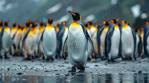 Making his way through a group of penguins  King Penguin. Generative Ai