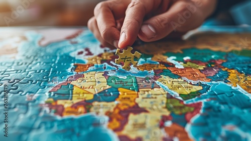 Man adding a jigsaw piece to a vibrant global map. Generative Ai
