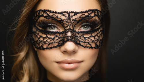 woman wearing a black lace mask, evoking mystery and allure at a masquerade party clean background 
