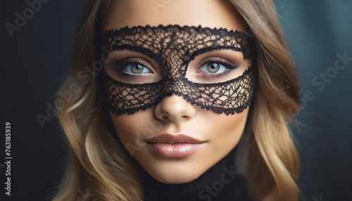 woman wearing a black lace mask, evoking mystery and allure at a masquerade party clean background 