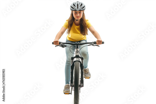 cycle riding little girl isolated on copy space white background,  cute girl riding a bicycle on white background, Girl riding a bicycle with a helmet on the head. Front view and looking at the camera