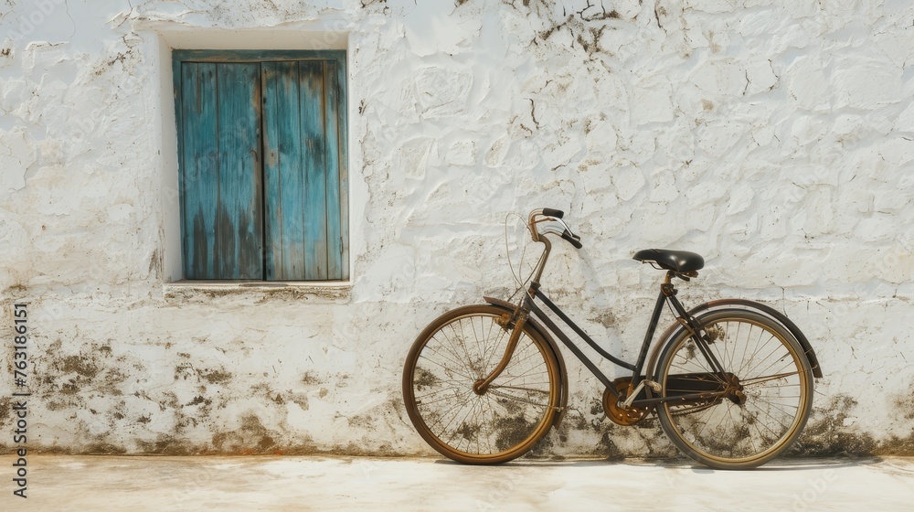 A single bicycle leaning against a whitewashed wall AI generated illustration