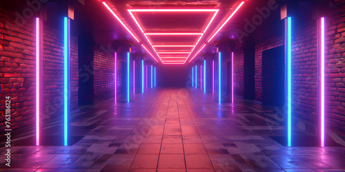 Abstract Neon Background, Space Tunnel Turning To Left - A Hallway With Neon Lights