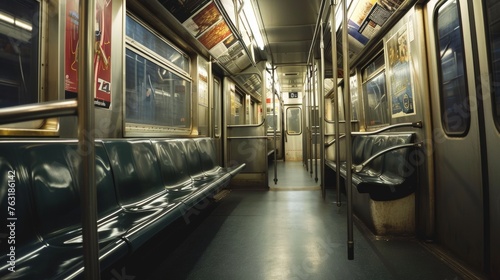 A silence-filled empty subway car with outside vista of a tunnel AI generated illustration