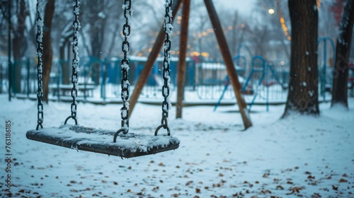 A single empty swing with untouched snow in a quiet playground scene AI generated illustration