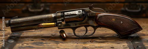 Single Bullet in Handgun,
Close up of hunting shotgun and cartridges on dark grey background
 photo