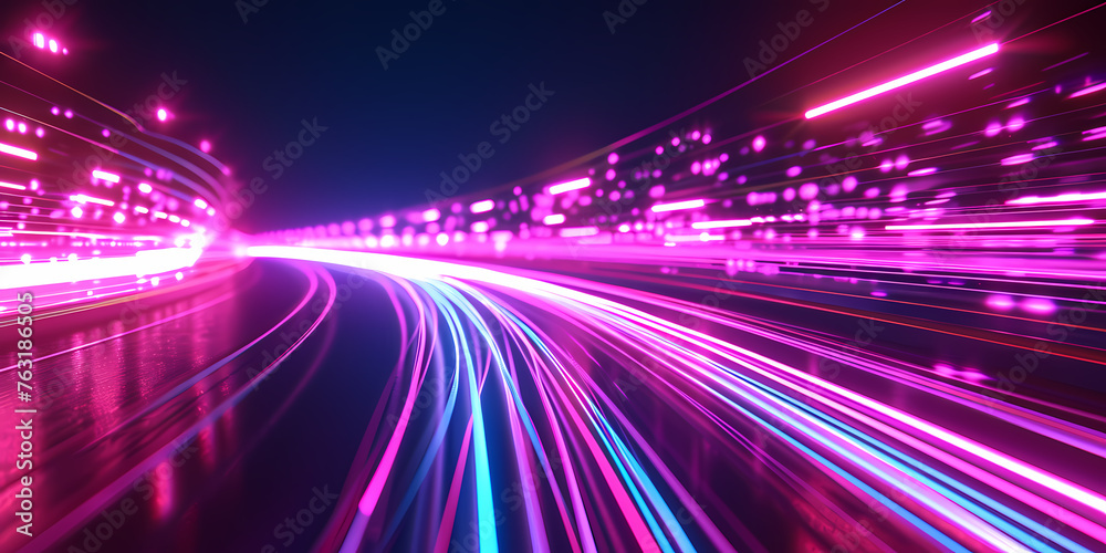 Abstract Neon Background, Space Tunnel Turning To Left - A Close Up Of A Road