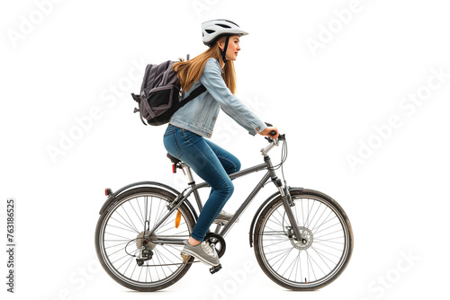 cycle riding young girl isolated on copy space white background,  teenage girl riding a bicycle on white background, Girl riding a bicycle with a helmet. Front view and looking at the camera