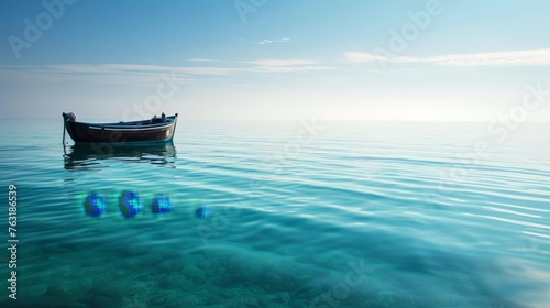 A small boat alone on a tranquil sea under clear skies AI generated illustration © Olive Studio