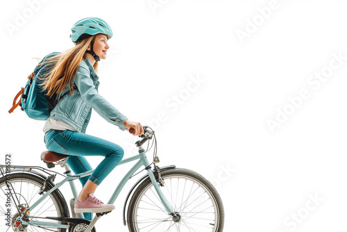 cycle riding young girl isolated on copy space white background, teenage girl riding a bicycle on white background, Girl riding a bicycle with a helmet. Front view and looking at the camera