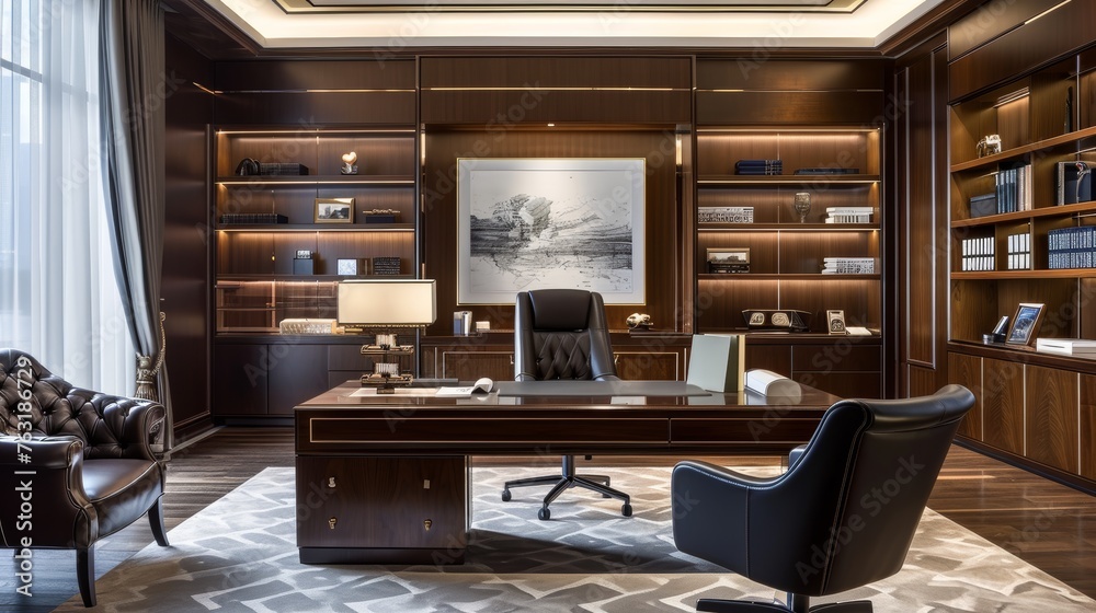 Naklejka premium A sophisticated executive office with leather furnishings AI generated illustration