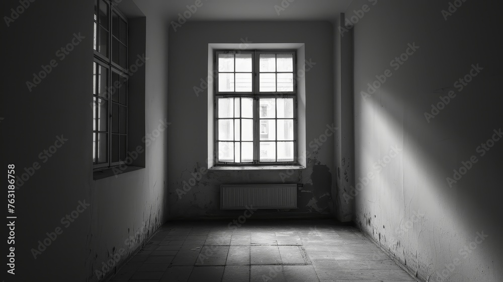 A stark black and white room with a single window on the far wall AI generated illustration