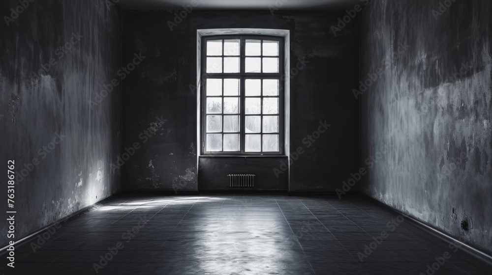 A stark black and white room with a single window on the far wall AI generated illustration A stark black and white room with a single window on the far wall AI generated illustration