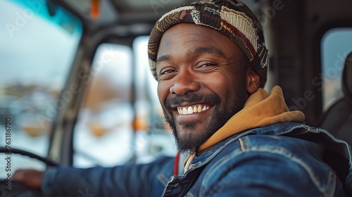 Man grinning while seated in a freight truck's cab. Generative Ai © Imran
