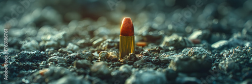 Single Bullet in Handgun, 9mm pistol bullet shells on brick floor, soft and selective focus, concept for searching a key piece of evidence in a murder case at the scen