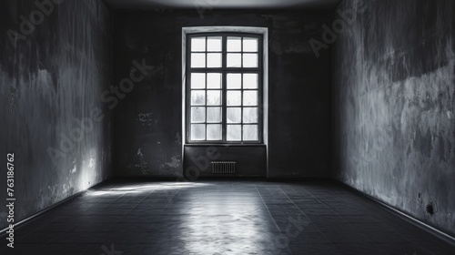 A stark black and white room with a single window on the far wall AI generated illustration