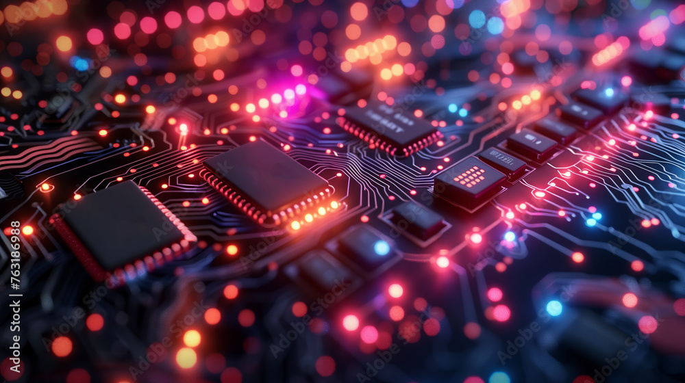 Fototapeta premium Close up of a computer motherboard with circuit components and vibrant lights