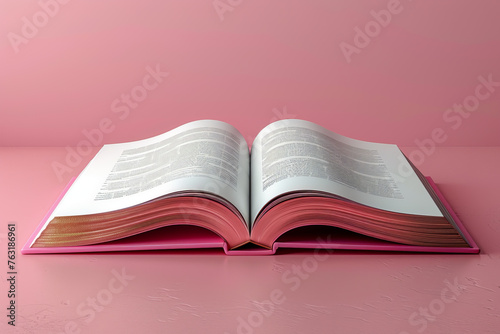 A thick book is placed open against a light pink background. reading concept. © omune
