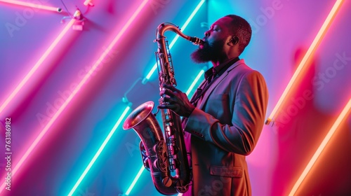 African American jazz musician playing saxophone in studio  with neon light
