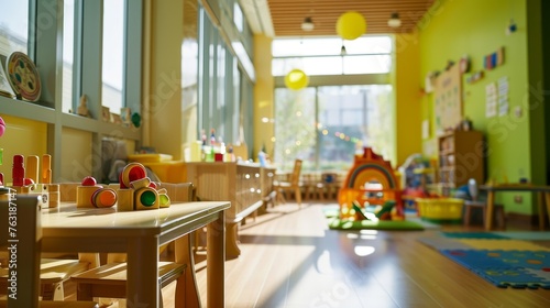 A vibrant daycare center with play areas educational toys and nurturing caregivers fostering child development and learning AI generated illustration photo