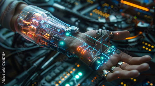 A robotic arm with intricate circuitry and neon glowing lights, set against a backdrop of technology.