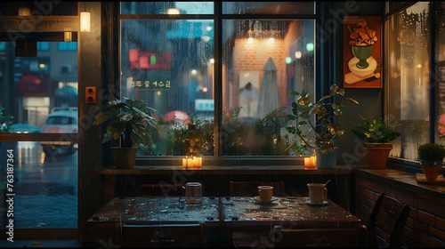 an ultra-realistic AI depiction of a Korean-inspired coffee shop during a rainy night. 