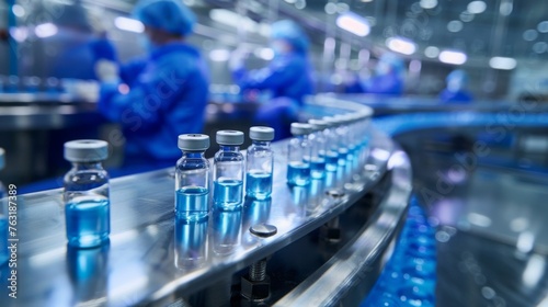 Workers in lab coats inspect medical vials on a conveyor belt at a pharmaceutical plant