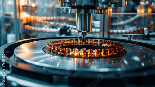 Pharmaceutical machine in a factory fills glass bottles with medicines, demonstrating an automated production process