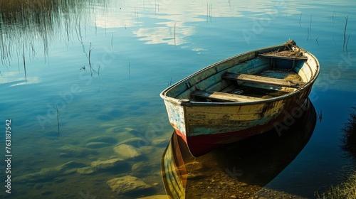 An abandoned boat alone on tranquil waters AI generated illustration