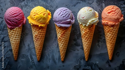 Top view of colorful ice cream scoops in sugar cones perfect for marketing advertising or interior design. Concept Food Styling, Marketing Strategy, Creative Photography, Dessert Presentation