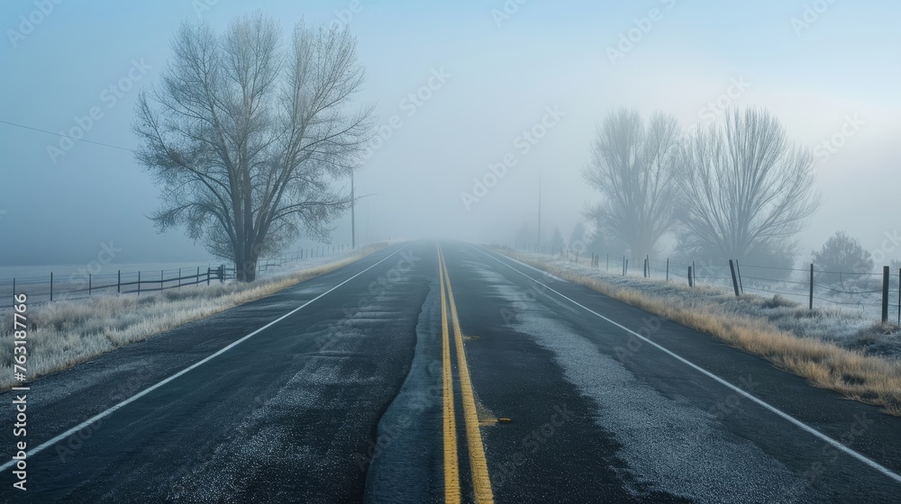 An early morning misty scene represented by an empty road disappearing into the fog AI generated illustration