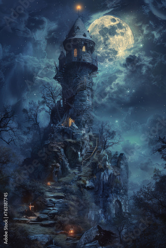 A mystical medieval tower sits atop a craggy cliff under a starlit sky with a full moon casting an eerie glow.