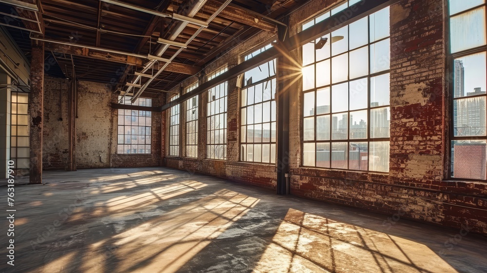 An empty loft with exposed brick and large industrial windows AI generated illustration An empty loft with exposed brick and large industrial windows AI generated illustration