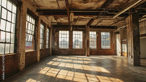 An empty loft with exposed brick and large industrial windows AI generated illustration