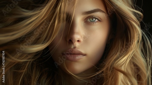 Young woman with long flowing hair to emphasize its smoothness and shine