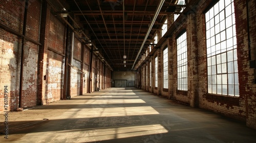 An empty warehouse with exposed brick walls AI generated illustration
