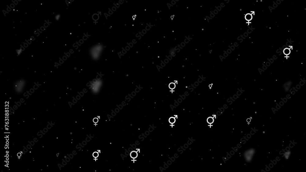 Template animation of evenly spaced bigender symbols of different sizes and opacity. Animation of transparency and size. Seamless looped 4k animation on black background with stars Template animation of evenly spaced bigender symbols of different sizes and opacity. Animation of transparency and size. Seamless looped 4k animation on black background with stars