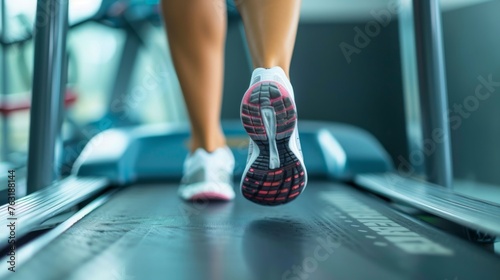 Woman's legs on a treadmill with emphasis on the movements and rhythm of her legs during exercise © AlfaSmart
