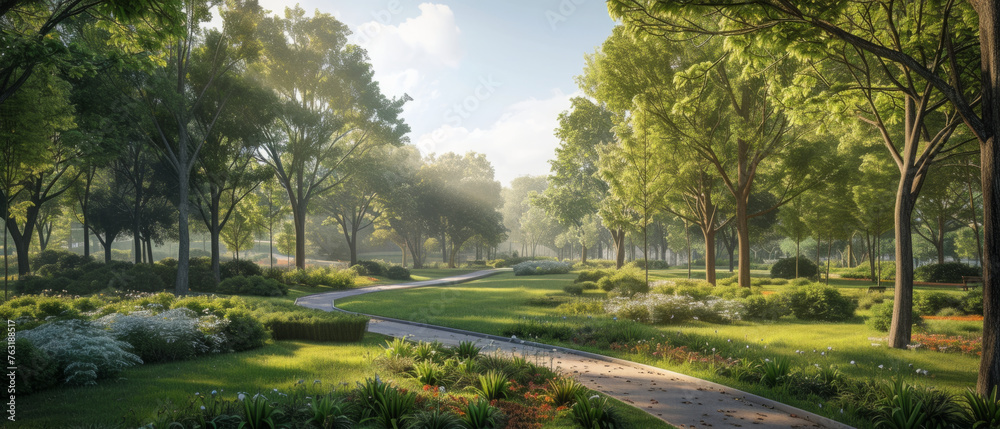 A serene park landscape bathed in soft sunlight with a winding pathway surrounded by lush green trees, well-maintained lawns, and vibrant bushes.