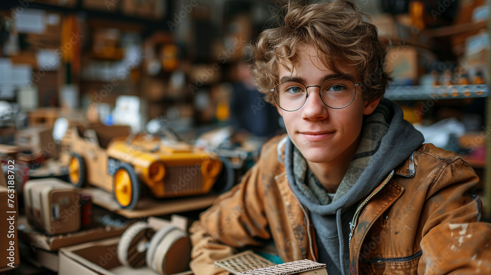 Smiling young artisan in a workshop surrounded by handcrafted wooden toys.
