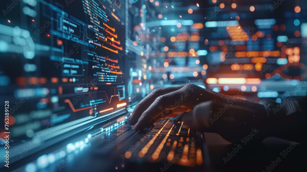 Close-up of a hand typing on a laptop keyboard with futuristic digital code overlay and a blurred tech interface background, conveying concepts of programming, cybersecurity, and technology. - obrazy, fototapety, plakaty 