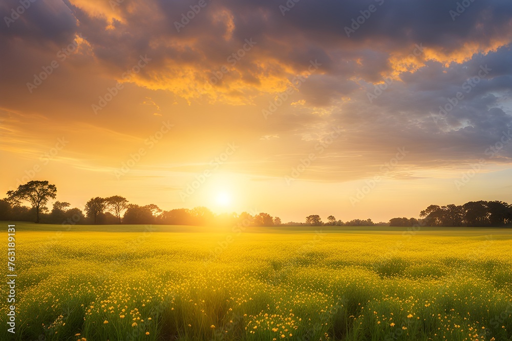 Obraz premium sunset field landscape of yellow flowers 