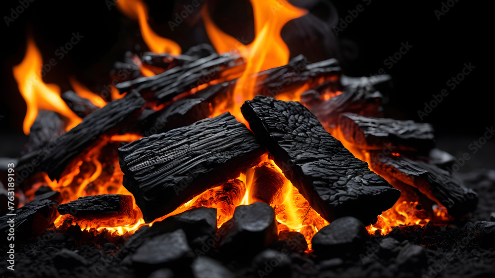 flaming fire and ember charcoal on black background flaming fire and ember charcoal on black background